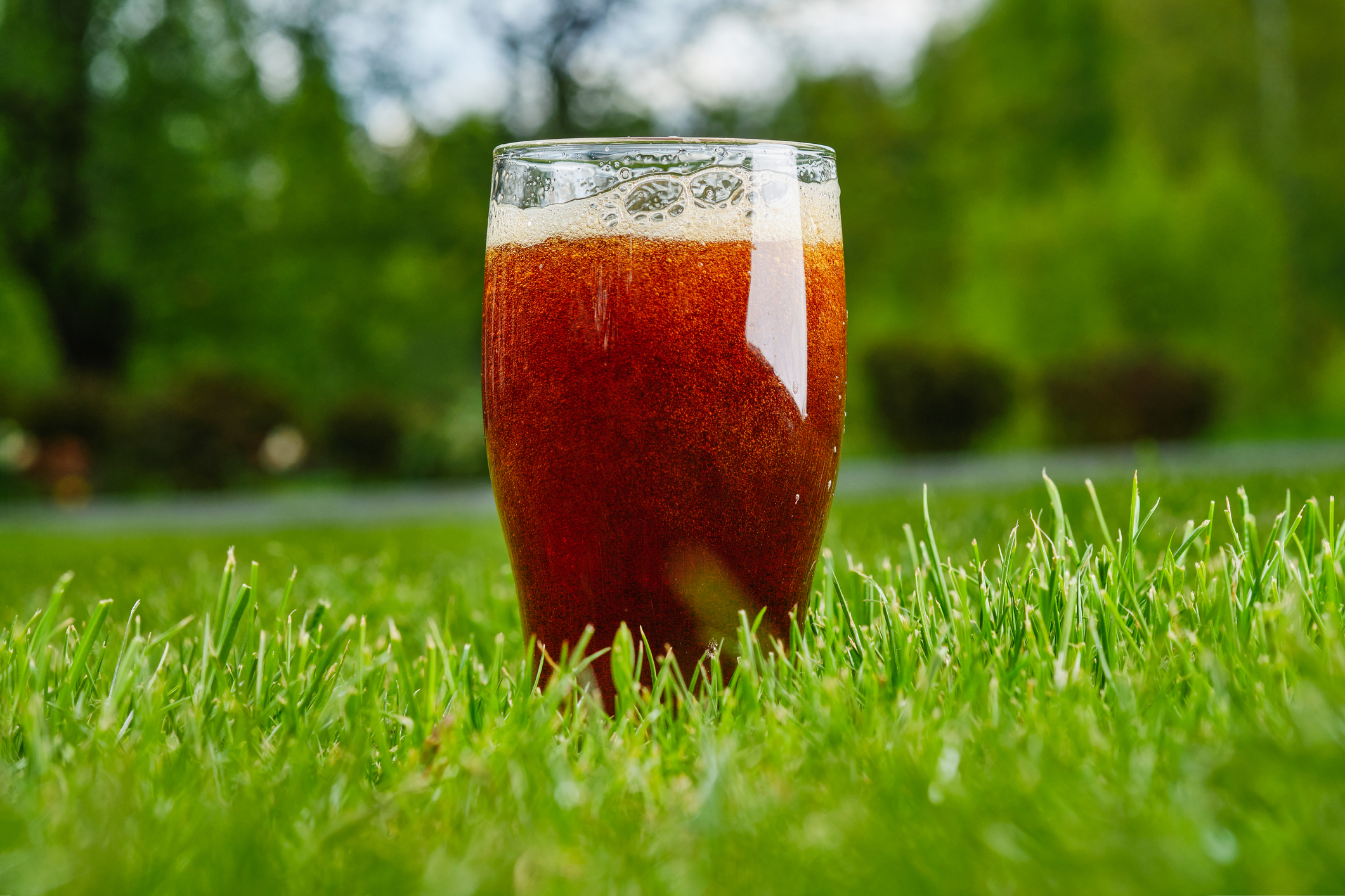 cold drink in glass on green lawn
